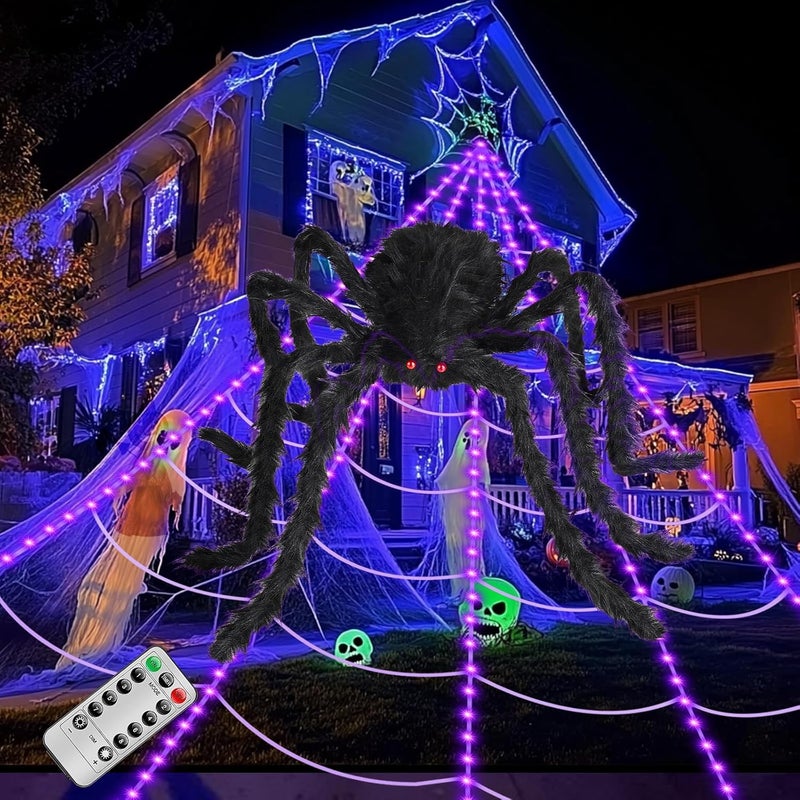 EH.DT Brighter Spider Webs Halloween Decorations Lights,250 Purple LED Light Up,8 Modes 16.4Ft Giant Spiderweb with Remote Control,48'' Giant Spider,Halloween Decor for Yard Outside - Image 1